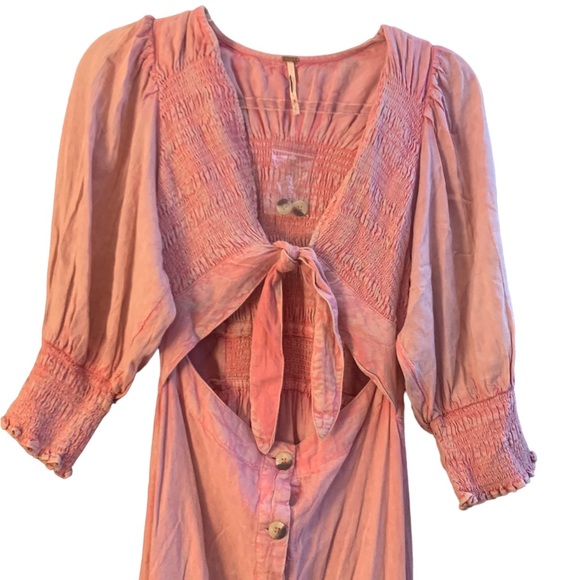 NEW FREE PEOPLE PINK STRING OF HEARTS SMOCKED V-NECK BUTTON DOWN MAXI DRESS - Picture 7 of 7